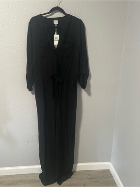 Women's Black Long Sleeve Pant Jumpsuit with Tie Waist